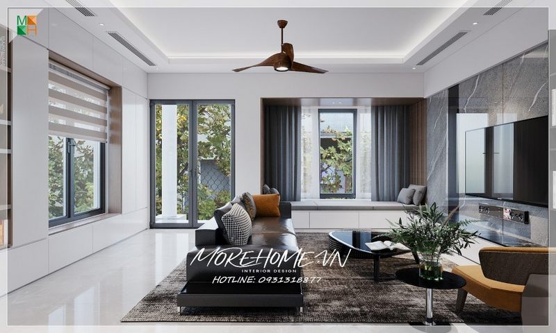 Ghế sofa phòng khách bọc da màu đen với phong cách hiện đại với những chiếc gối nhỏ xinh mang sức hút vẻ đẹp huyền bí và mang thẩm mỹ cao cho phòng khách đem đến sự thoải mái sang trọng khi sử dụng
